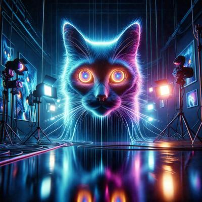 The primary subject of the image is a cat with glowing eyes, which appears to be a digital art or illustration. The cat is surrounded by a purple and blue color scheme, giving the scene a futuristic and surreal atmosphere. The setting includes a room with a black floor and a backdrop of various lights, which adds to the overall visual style.